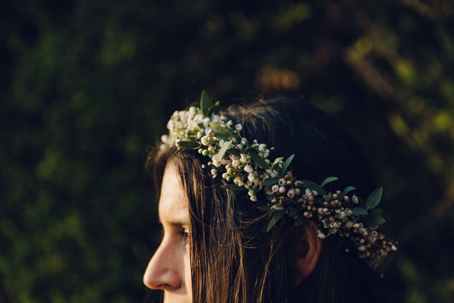 Bride wearing cream flower crown